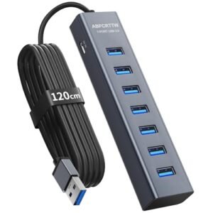 7 Puertos Hub USB 3.0 con 120cm Cable para PC Computadora, Aluminio USB Hub Adaptador multipuerto con USB 3.0 5Gbps, 5V 3A USB-C Alimentado para PC, Laptop, MacBook, Mouse, Teclado, U-Disk etc.