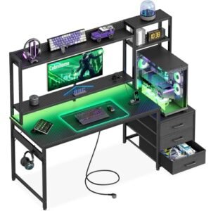 Coleshome Escritorio Gaming con Estantería, 137x48cm, Fibra Carbono Negro