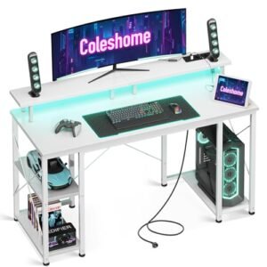 Coleshome Escritorio Gaming con LED, 120x50cm, Blanco