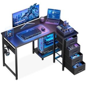Coleshome Escritorio Gaming Esquinero con 4 Cajones, 100x70cm, Negro