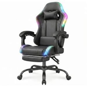 Devoko Silla Gaming con Masajeador y LED, Silla de Oficina Ergonómica con Reposapiés, Sillas Gaming para Oficina y Juegos con Iluminación RGB(Negro)