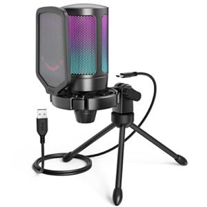 FIFINE Gaming Microfono para PC PS4 PS5, USB Condensador Micrófono de Cardioide para Ordenador Podcast Streaming Studio, con RGB, Botón de Silencio, Trípode, Filtro Anti-Pop, Soporte de Choque