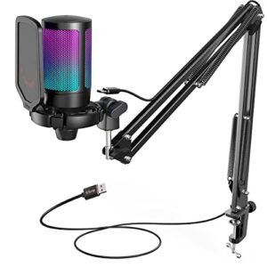 FIFINE Gaming Microfono para PC USB, RGB Kit de Micrófono de Condensador para Ordenador PS4 PS5, con Botón de Silencio, Filtro Anti-Pop, Soporte de Choque, Soporte Microfono