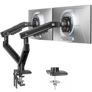 HUANUO Soporte Monitor Doble para Pantallas de 13 a 32″ (máx. 9 kg), FlowLift Pro Brazo Monitor, MechaSpring con Inclinación/Giro/Rotación, Montaje VESA sin Herramientas, Montaje por Mordaza-C u Ojal