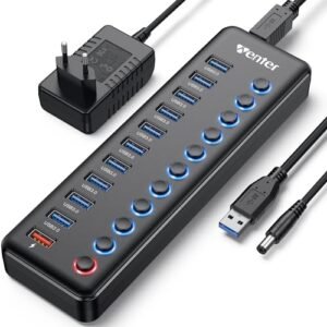 HUB USB 3.0 Alimentado Externa, WENTER Multipuerto USB 11 en 1, 10 Puertos de hub USB 3.0 y 1 Puertos de Carga rápida Indicador Ladron USB Concentrador USB LED y Active Switch con Adaptador de Corrien