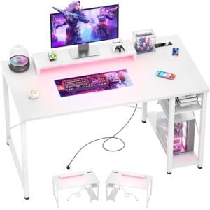 iSunirm Escritorio Gaming con LED,Escritorio de Ordenador con Toma de Corriente y Carga USB,100×50 cm Mesa de Ordenador con Bolsa de Almacenaje y Gancho para Auriculares,Blanco
