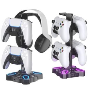 KDD Soporte Auriculares Gaming, LED Soporte Cascos y Mando con 2 Puertos de Carga USB & 1 Tipo-C & 3,5mm Conector de Audio, Headset Stand con 9 Modos de Luz para Accesorios Gaming PC PS4 PS5, Negro