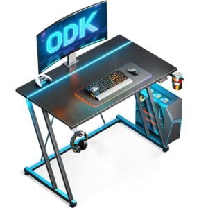 ODK Escritorio Gaming con Luces LED, 80x50cm, Fibra Carbono Negro