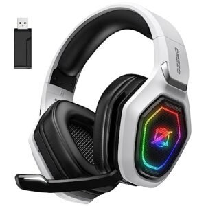 Ozeino Cascos Gaming Inalámbricos para PC/Ps5/Ps4, Auriculares Gaming Inalámbricos de 2,4GHz Wireless+Bluetooth, Baja Latencia Calidad de Sonido sin Pérdidas, Duración 30Hr+ Blanco