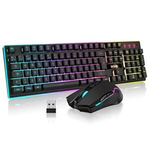 RedThunder K10 Teclado Gaming Sensación Mecánico lnalámbrico,Retroiluminación RGB,Batería Recargable de 3800 mAh, Anti-ghosting+Ratón 7D 3200DPI,Disposición ES,para PC/PS5/Xbox-Negro