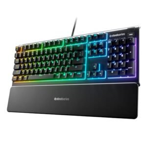 SteelSeries Apex 3 – Teclado Gaming – Iluminación RGB de 10 zonas – Resistencia al agua IP32 – Reposamuñecas magnético superior – Teclado QWERTY Español