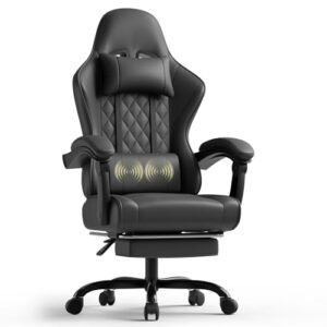 TRIUMPHKEY Silla Gaming Profesional con Masajeador, PU Silla de Juegos con Reposacabezas y Reposapiés, Silla de Oficina Ergonómica con Lumbar de Masaje, Reclinable 90-150°y Capacidad para 150KG Negro