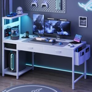 YOUDENOVA Escritorio Gaming Reversible con LED y Enchufe, Escritorio de Ordenador Compacto 120 cm con 2 Cajones, Mesa de PC para Dormitorios Pequeños Oficinas Domésticas Blanco